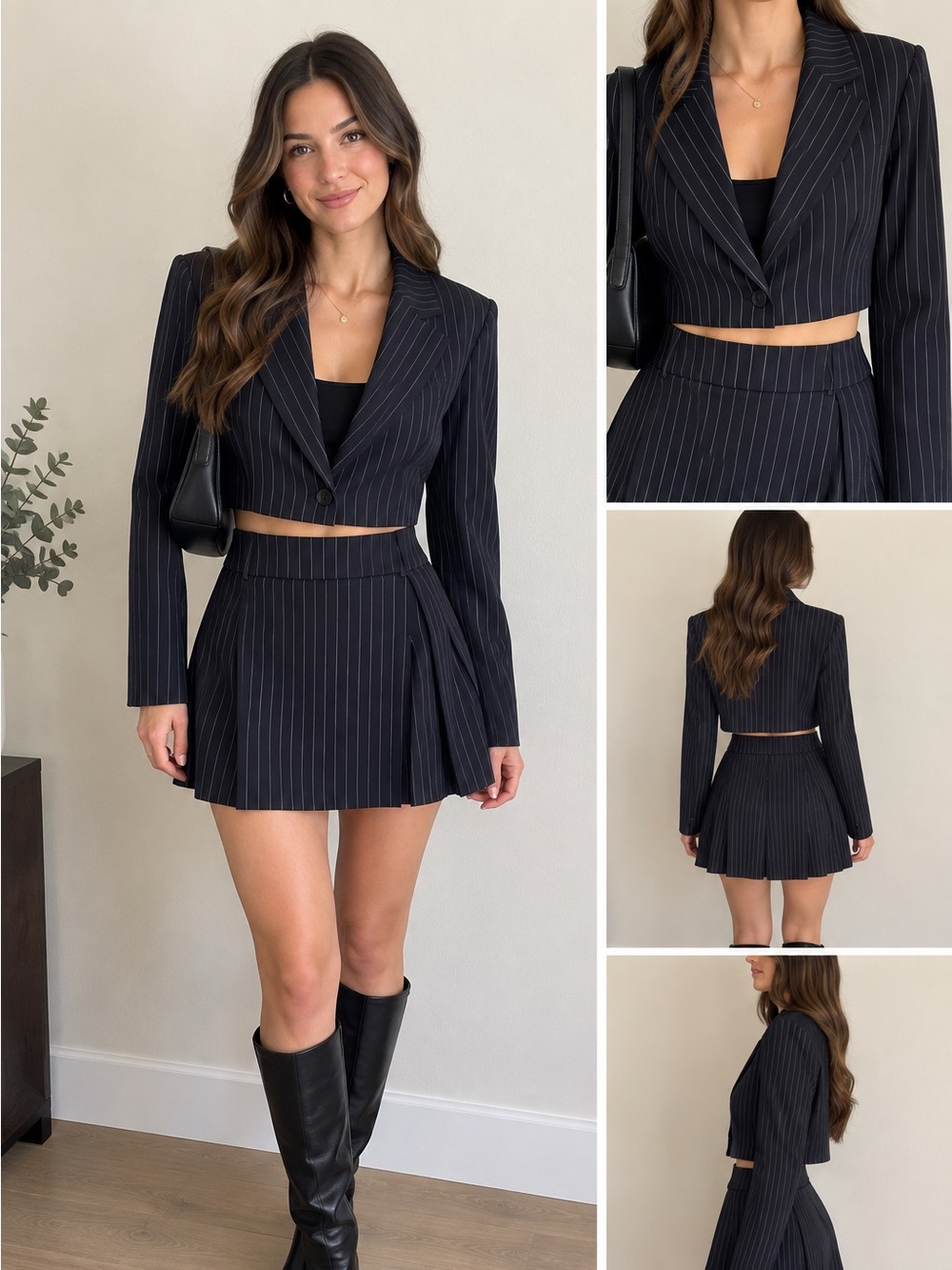 Cropped Pinstripe Blazer Jacket - Black